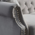 Velvet Chesterfield Sofa with Rolled Arms & Nailhead Trim – Grey / Beige, Button-Tufted, Seats 3