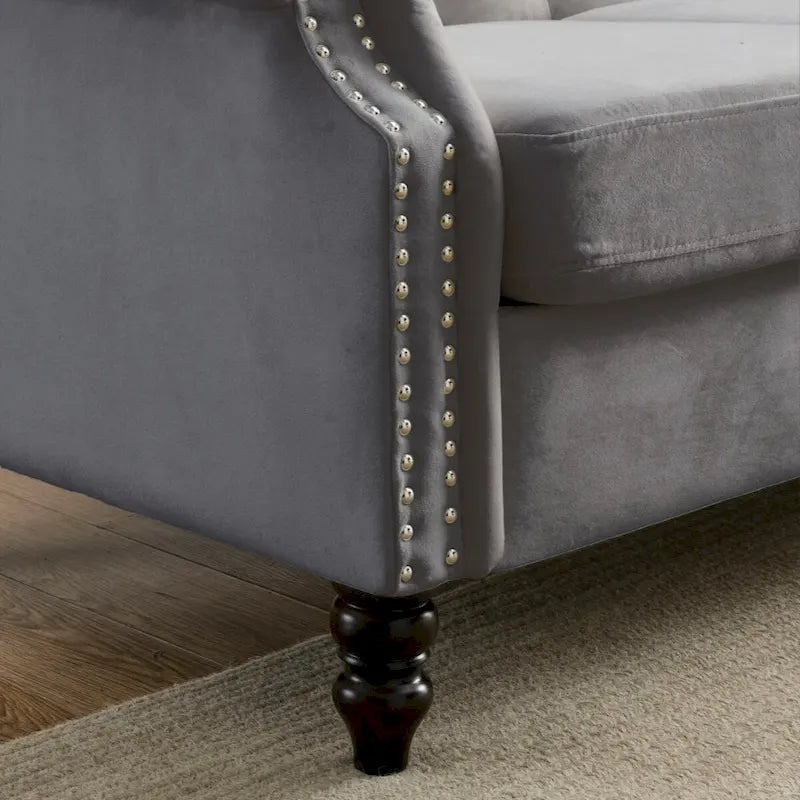 Velvet Chesterfield Sofa with Rolled Arms & Nailhead Trim – Grey / Beige, Button-Tufted, Seats 3