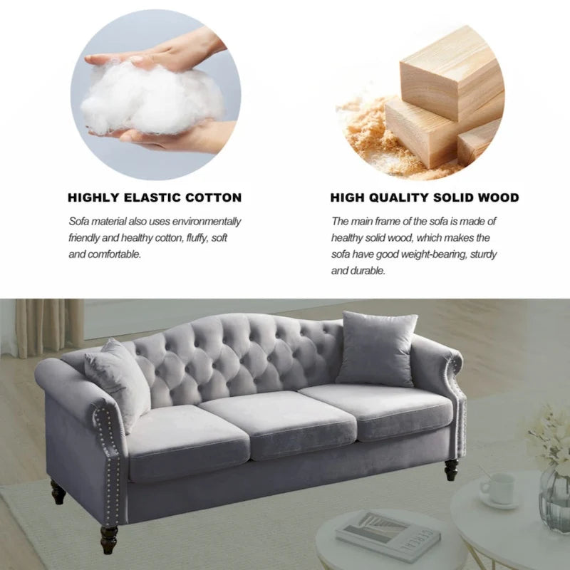 Velvet Chesterfield Sofa with Rolled Arms & Nailhead Trim – Grey / Beige, Button-Tufted, Seats 3