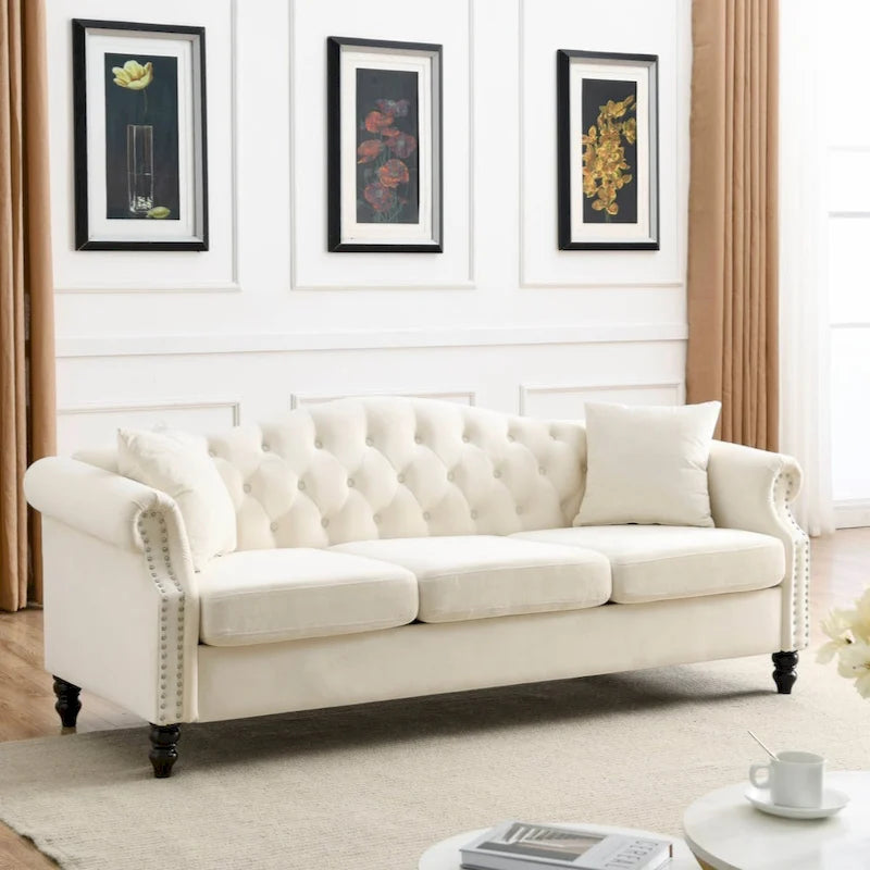 Velvet Chesterfield Sofa with Rolled Arms & Nailhead Trim – Grey / Beige, Button-Tufted, Seats 3