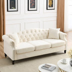 Velvet Chesterfield Sofa with Rolled Arms & Nailhead Trim – Grey / Beige, Button-Tufted, Seats 3