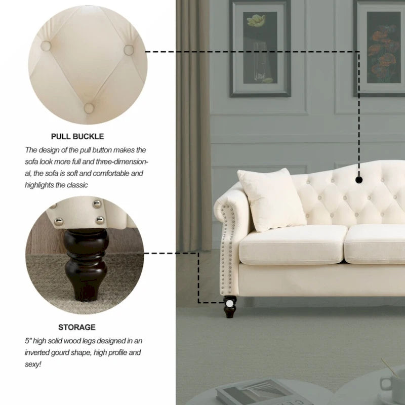 Velvet Chesterfield Sofa with Rolled Arms & Nailhead Trim – Grey / Beige, Button-Tufted, Seats 3