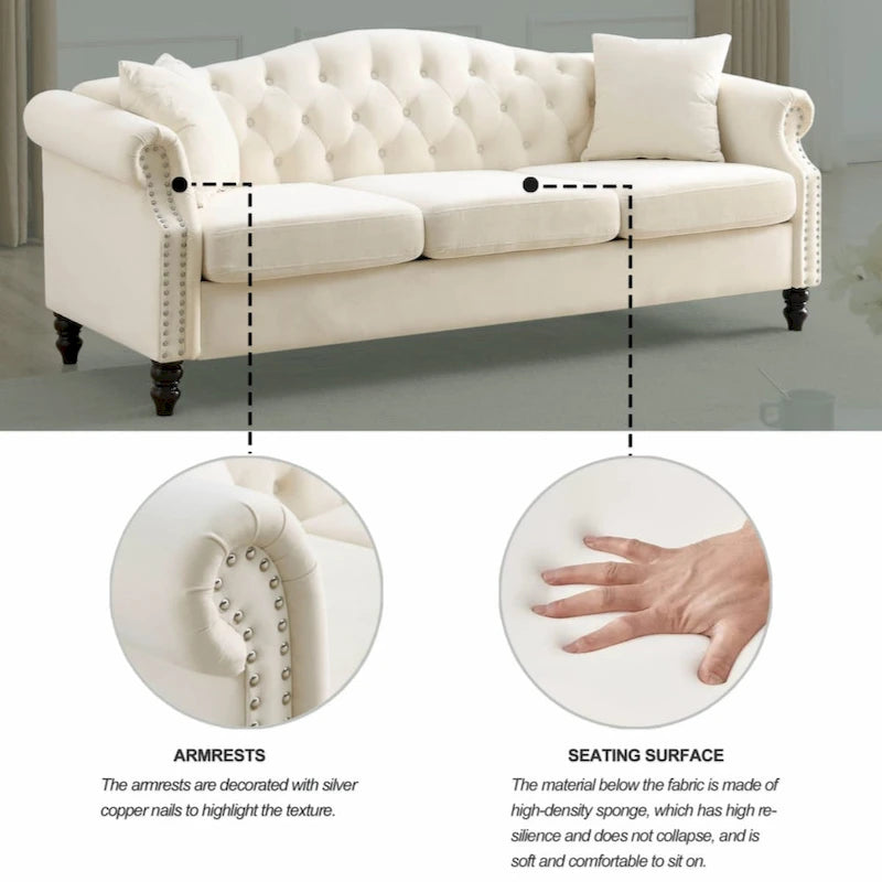 Velvet Chesterfield Sofa with Rolled Arms & Nailhead Trim – Grey / Beige, Button-Tufted, Seats 3