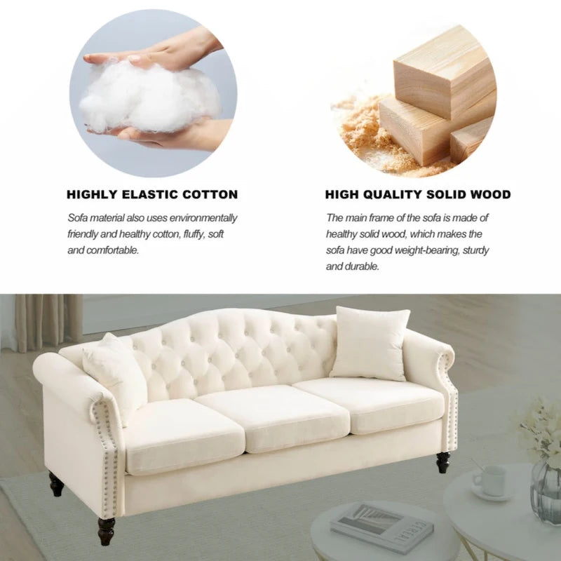 Velvet Chesterfield Sofa with Rolled Arms & Nailhead Trim – Grey / Beige, Button-Tufted, Seats 3