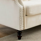 Velvet Chesterfield Sofa with Rolled Arms & Nailhead Trim – Grey / Beige, Button-Tufted, Seats 3