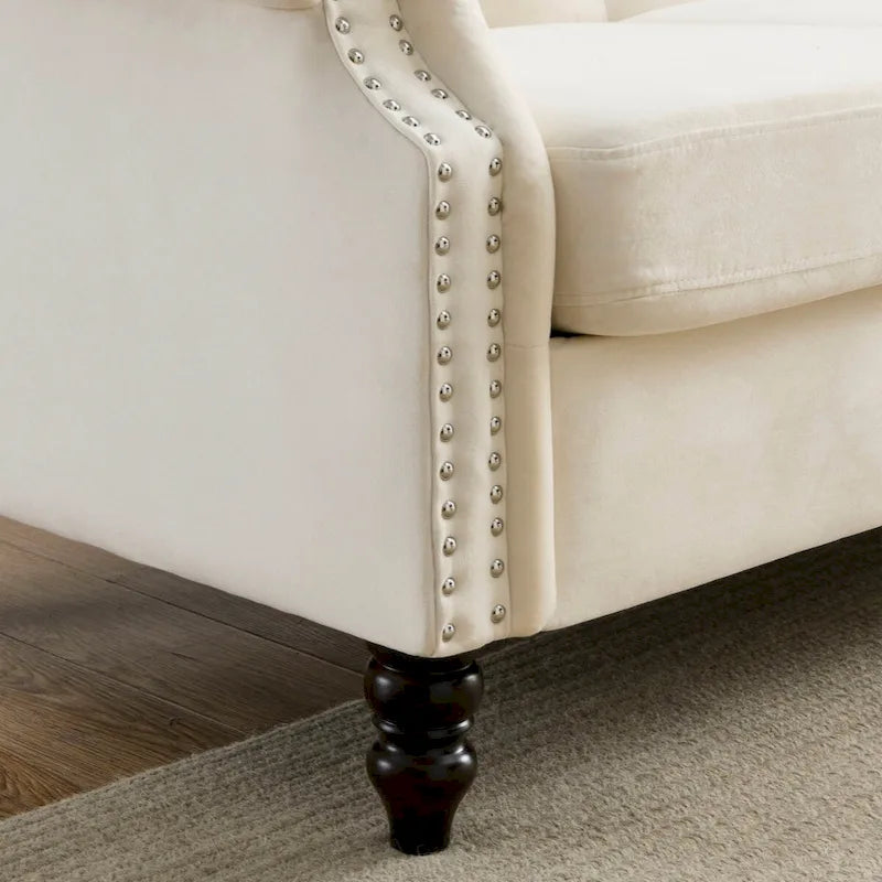 Velvet Chesterfield Sofa with Rolled Arms & Nailhead Trim – Grey / Beige, Button-Tufted, Seats 3
