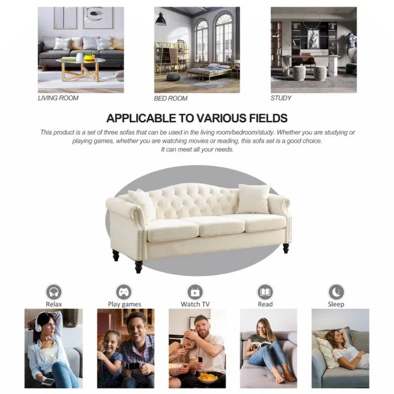 Velvet Chesterfield Sofa with Rolled Arms & Nailhead Trim – Grey / Beige, Button-Tufted, Seats 3