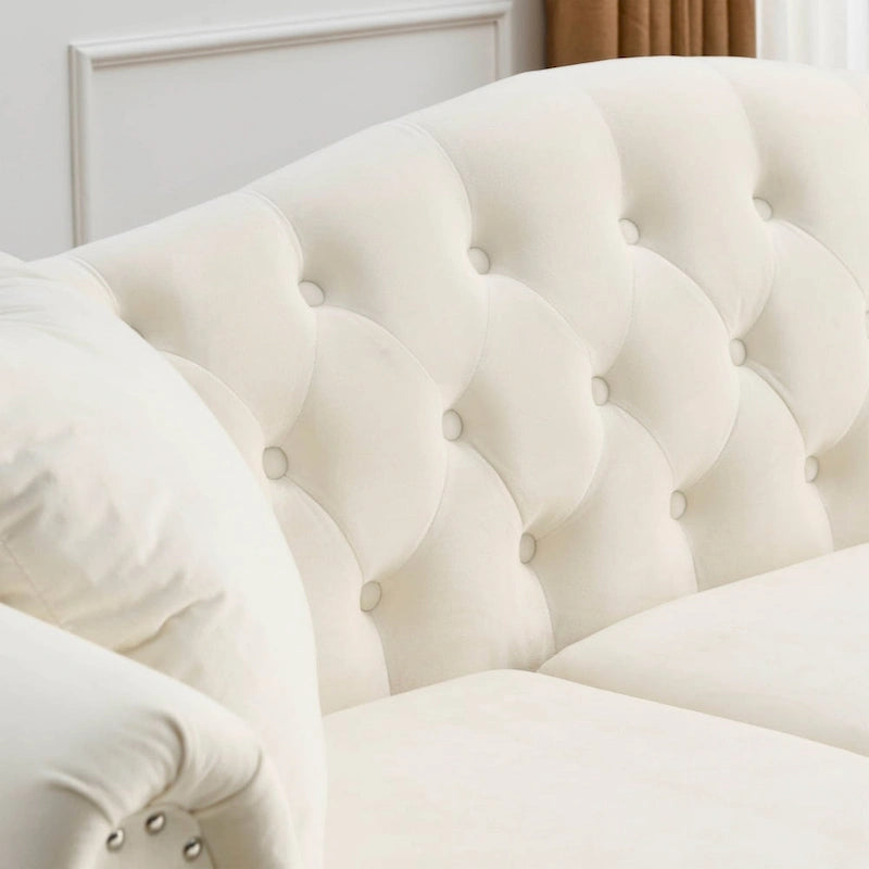 Velvet Chesterfield Sofa with Rolled Arms & Nailhead Trim – Grey / Beige, Button-Tufted, Seats 3