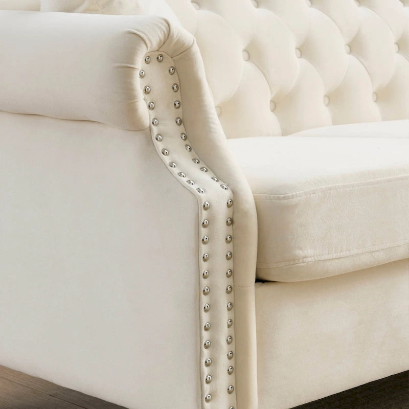 Velvet Chesterfield Sofa with Rolled Arms & Nailhead Trim – Grey / Beige, Button-Tufted, Seats 3