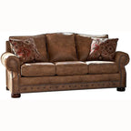 Buckskin Fabric Sleeper Sofa with Queen Mattress – Rustic Brown, Nailhead Trim, Seats 3