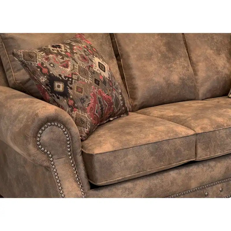 Buckskin Fabric Sleeper Sofa with Queen Mattress – Rustic Brown, Nailhead Trim, Seats 3