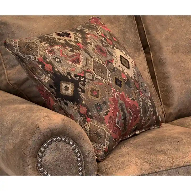 Buckskin Fabric Sleeper Sofa with Queen Mattress – Rustic Brown, Nailhead Trim, Seats 3