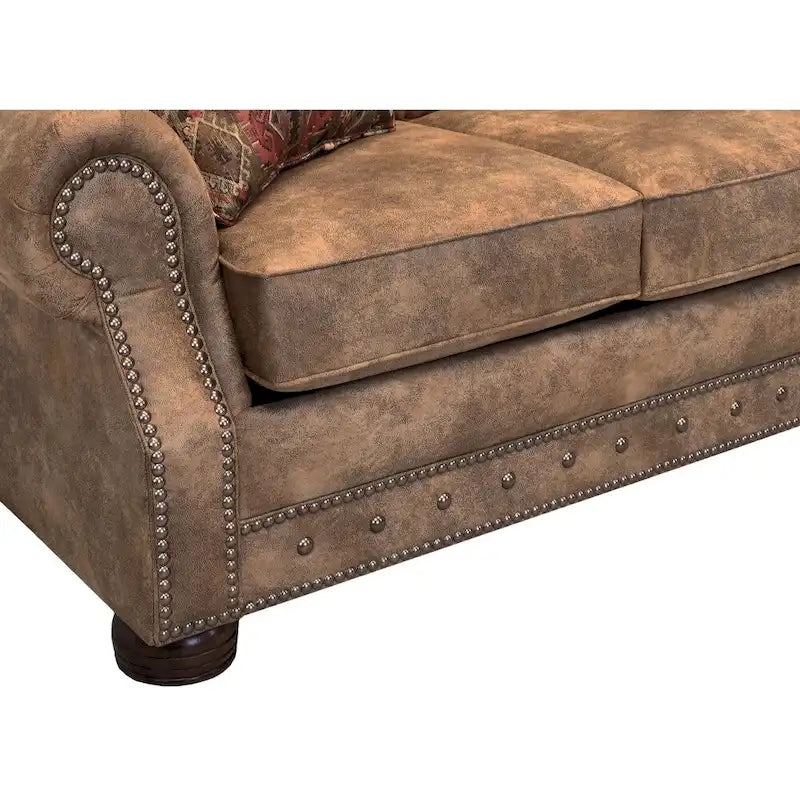 Buckskin Fabric Sleeper Sofa with Queen Mattress – Rustic Brown, Nailhead Trim, Seats 3