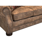 Buckskin Fabric Sleeper Sofa with Queen Mattress – Rustic Brown, Nailhead Trim, Seats 3