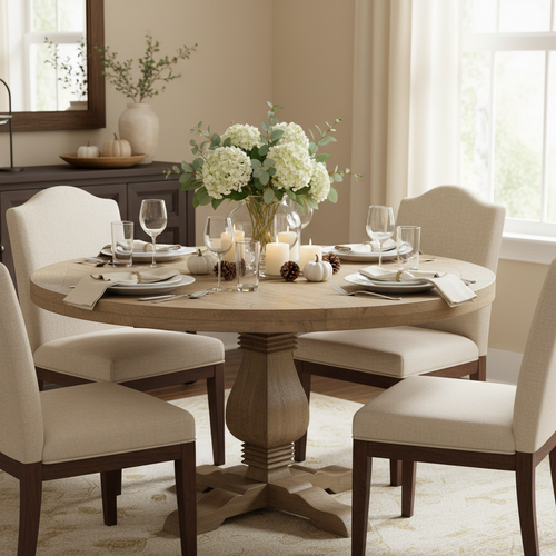 54 in. Round Dining Table, Natural Wood Finish – Brown, Seats 4–6