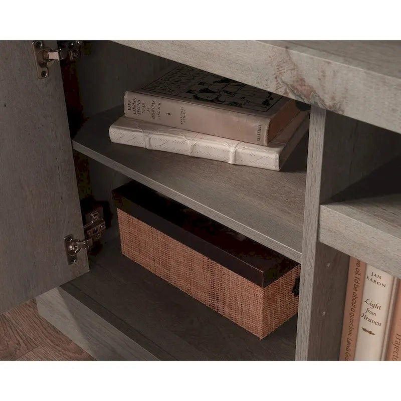 TV Credenza with Herringbone Doors & Adjustable Shelves – Mystic Oak / Sindoori Mango, Modern Style