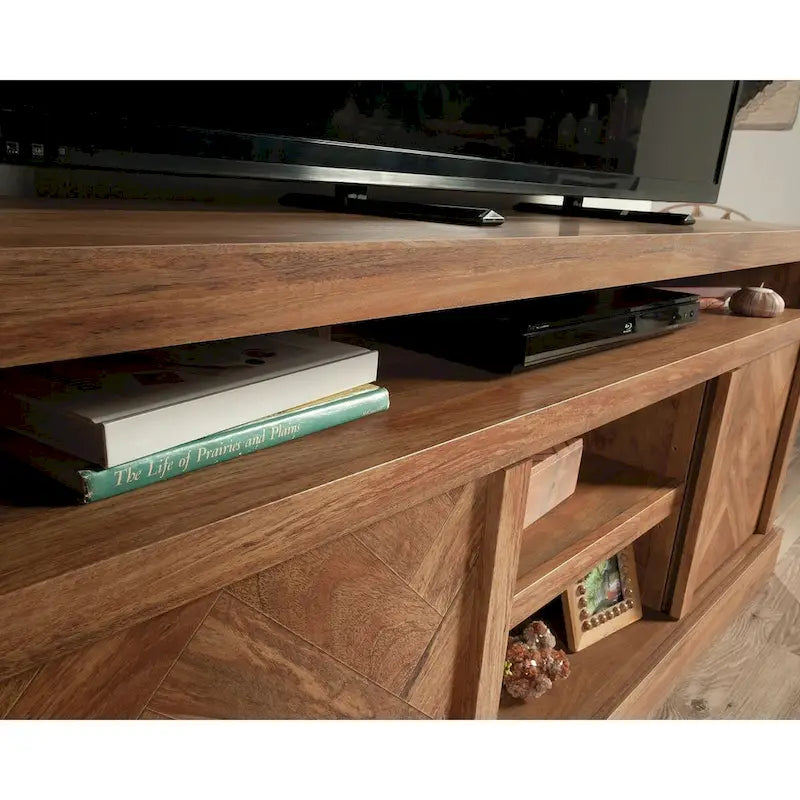 TV Credenza with Herringbone Doors & Adjustable Shelves – Mystic Oak / Sindoori Mango, Modern Style