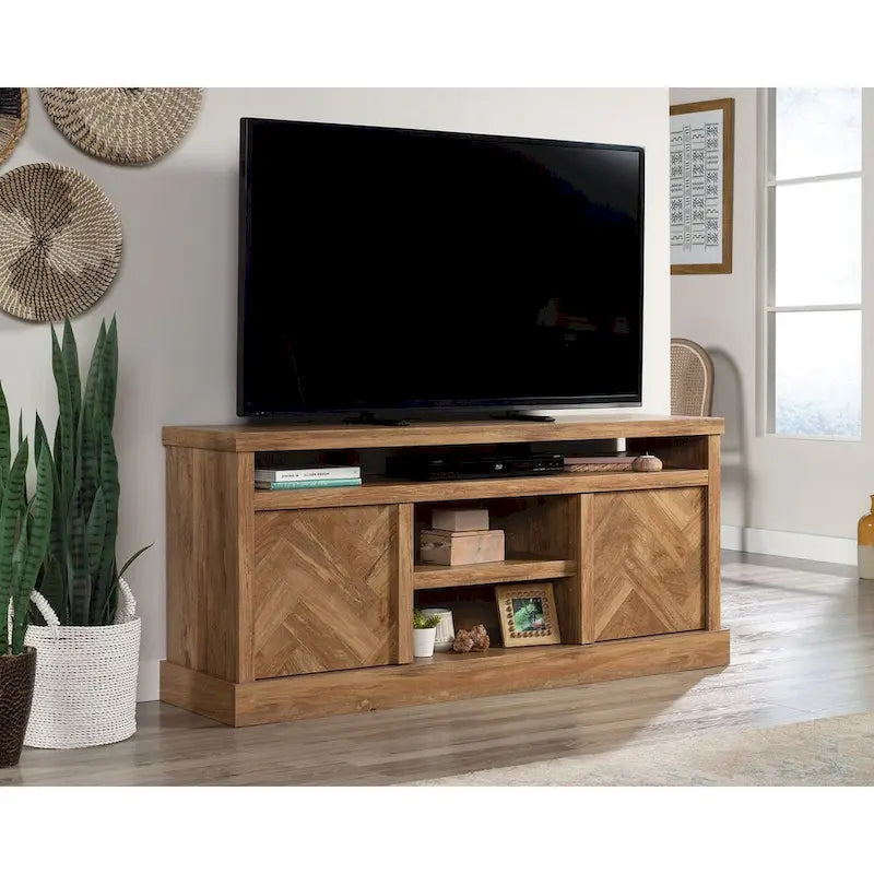 TV Credenza with Herringbone Doors & Adjustable Shelves – Mystic Oak / Sindoori Mango, Modern Style