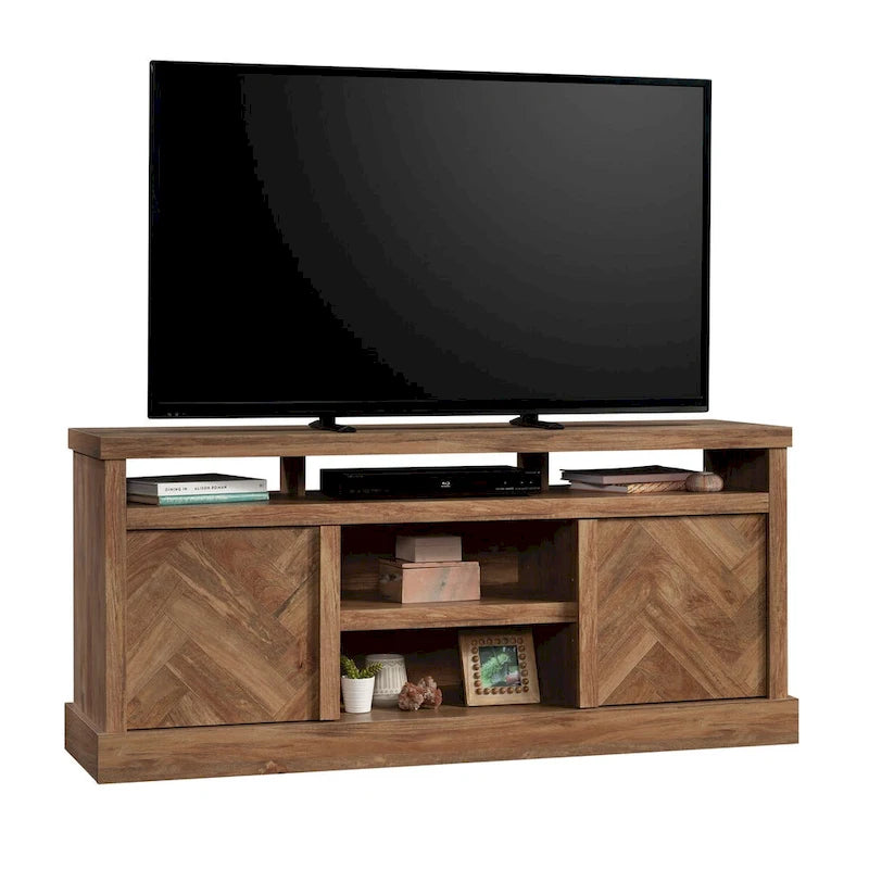 TV Credenza with Herringbone Doors & Adjustable Shelves – Mystic Oak / Sindoori Mango, Modern Style