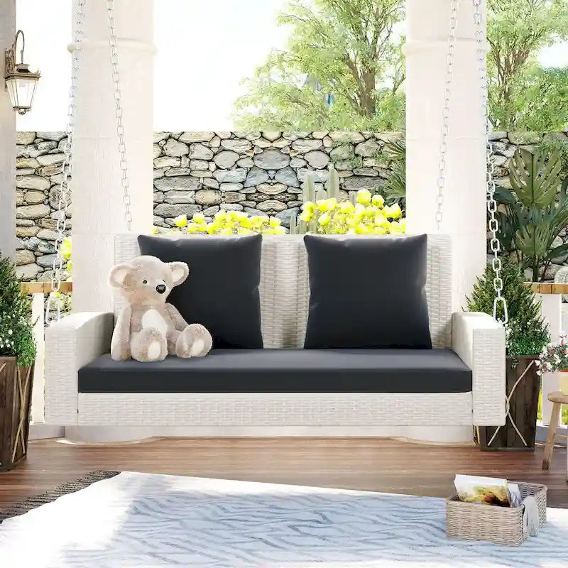 Outdoor Patio 2-Person Wicker Hanging Rattan Porch Swing with Chains, Cushion, and Pillow - 50 x 20 in.
