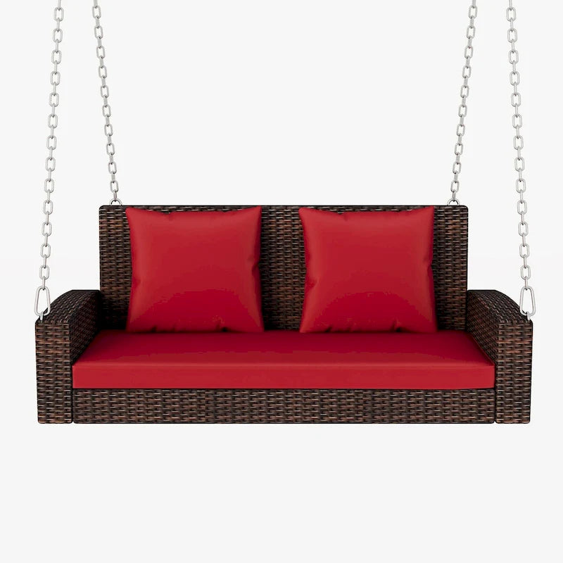 Outdoor Patio 2-Person Wicker Hanging Rattan Porch Swing with Chains, Cushion, and Pillow - 50 x 20 in.