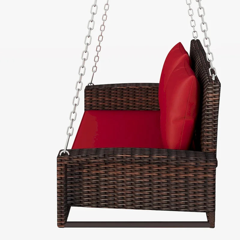 Outdoor Patio 2-Person Wicker Hanging Rattan Porch Swing with Chains, Cushion, and Pillow - 50 x 20 in.