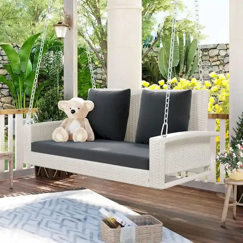Outdoor Patio 2-Person Wicker Hanging Rattan Porch Swing with Chains, Cushion, and Pillow - 50 x 20 in.