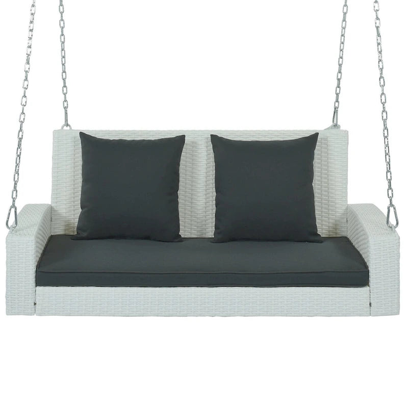 Outdoor Patio 2-Person Wicker Hanging Rattan Porch Swing with Chains, Cushion, and Pillow - 50 x 20 in.