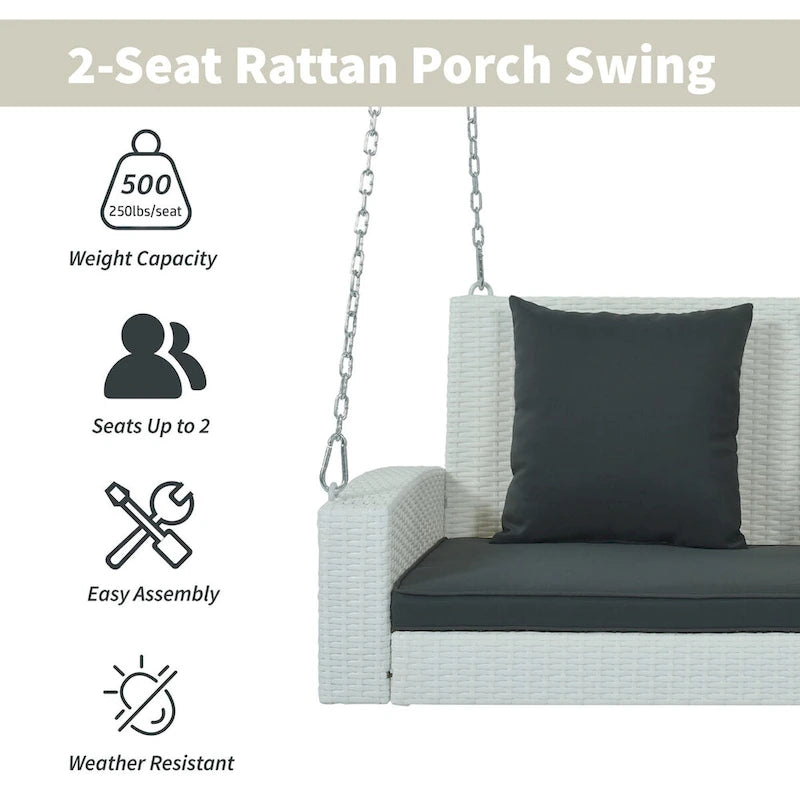 Outdoor Patio 2-Person Wicker Hanging Rattan Porch Swing with Chains, Cushion, and Pillow - 50 x 20 in.
