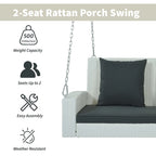 Outdoor Patio 2-Person Wicker Hanging Rattan Porch Swing with Chains, Cushion, and Pillow - 50 x 20 in.