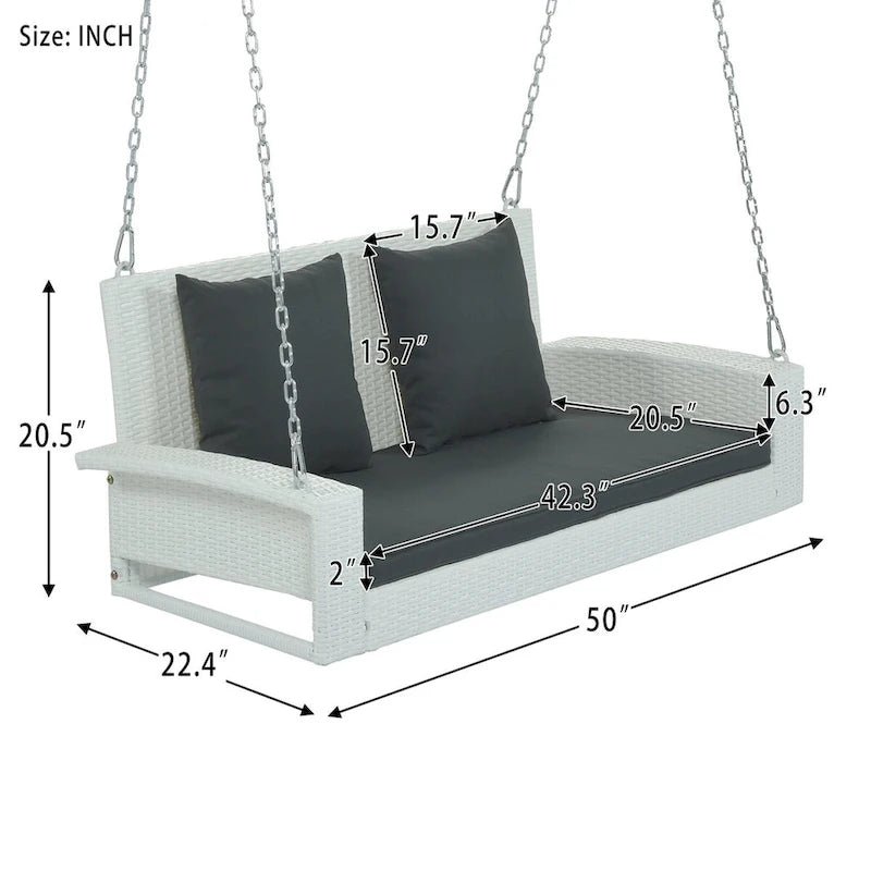 Outdoor Patio 2-Person Wicker Hanging Rattan Porch Swing with Chains, Cushion, and Pillow - 50 x 20 in.