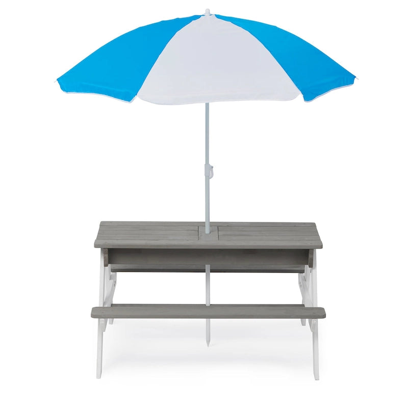 3-in-1 Kids Outdoor Wooden Picnic Table With Umbrella, Convertible Sand & Wate