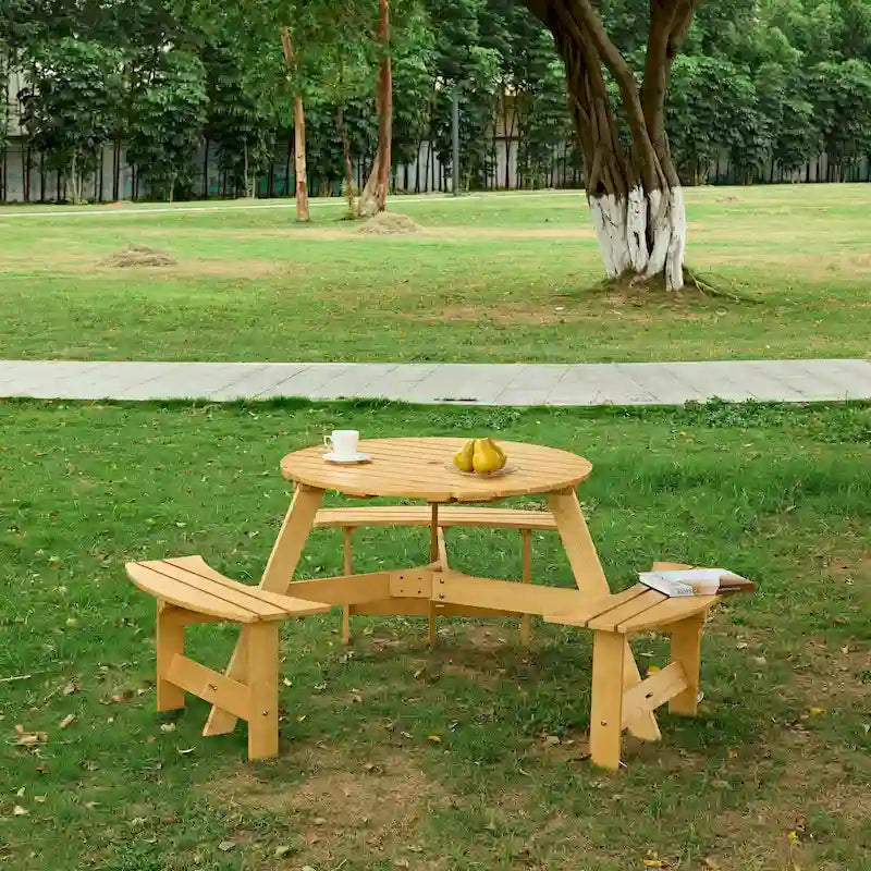 Outdoor Round Picnic Table Set with Built-in Benches & Umbrella Hole