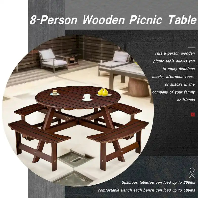 Outdoor Round Picnic Table Set with Built-in Benches & Umbrella Hole