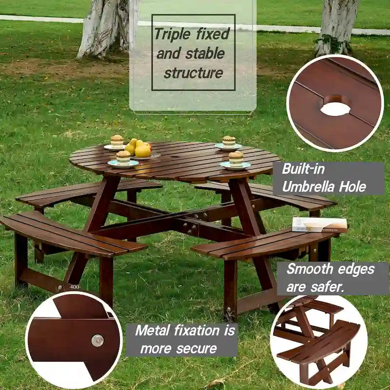 Outdoor Round Picnic Table Set with Built-in Benches & Umbrella Hole
