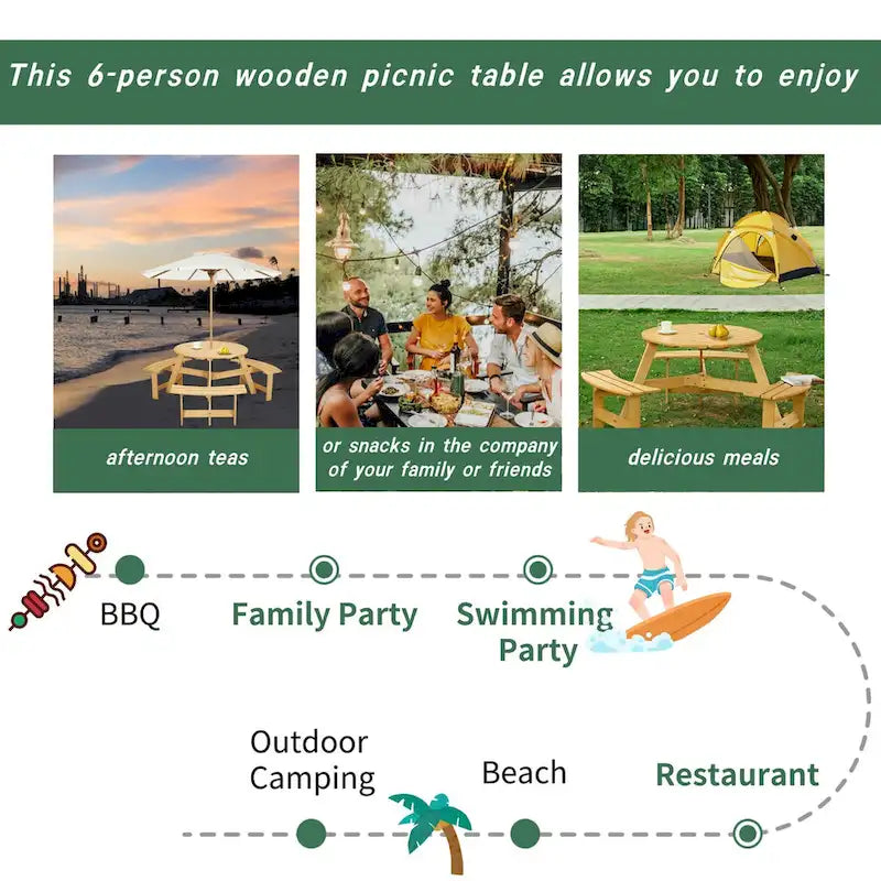Outdoor Round Picnic Table Set with Built-in Benches & Umbrella Hole