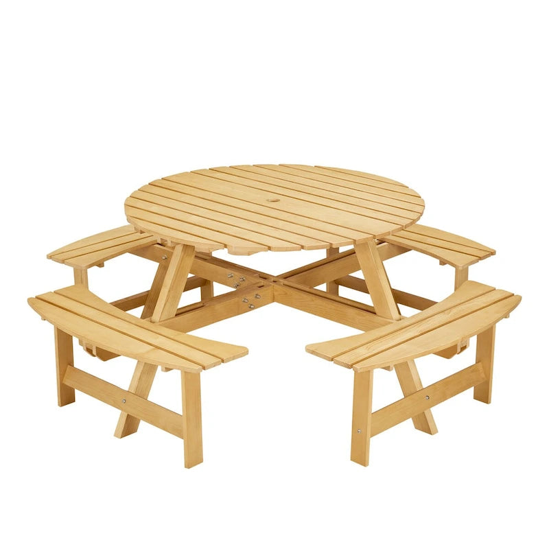 Outdoor Round Picnic Table Set with Built-in Benches & Umbrella Hole