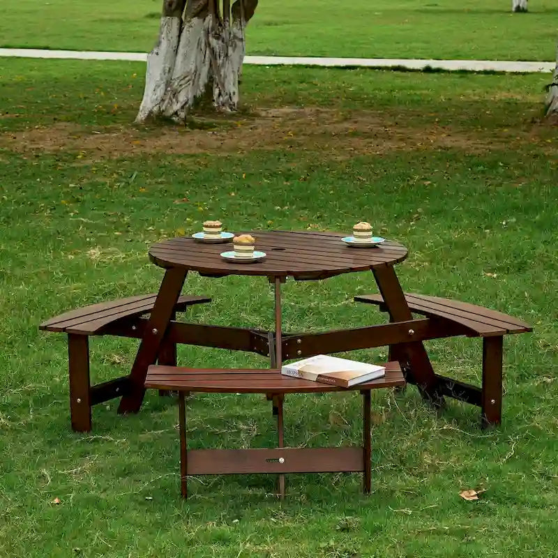 Outdoor Round Picnic Table Set with Built-in Benches & Umbrella Hole