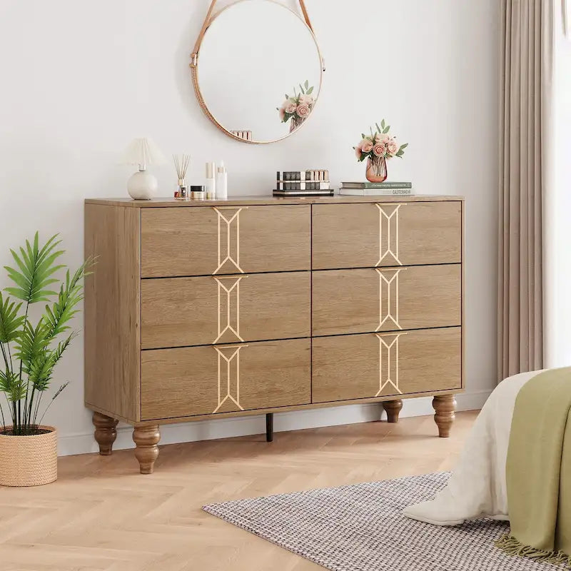 6-Drawer Dresser with Wood Legs – Oak & Gold / Black & White, Vintage Style