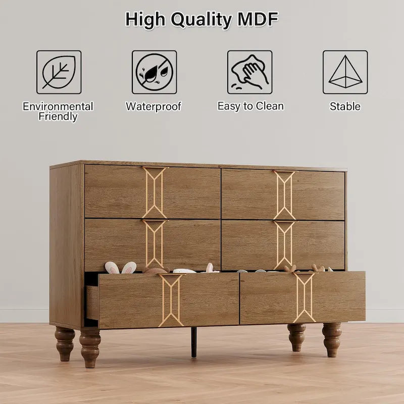 6-Drawer Dresser with Wood Legs – Oak & Gold / Black & White, Vintage Style