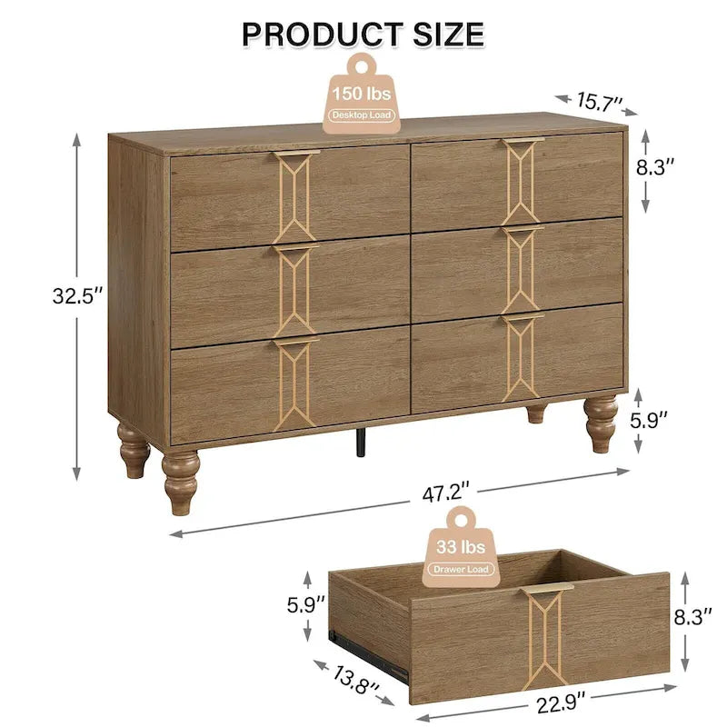 6-Drawer Dresser with Wood Legs – Oak & Gold / Black & White, Vintage Style