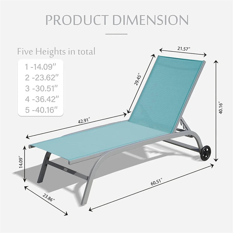 Chaise Lounge Set of 2, Lounge Chairs with Wheels, Lounge Chairs with 5 Adjustable Position, Pool Chairs(2 Lounge Chairs)