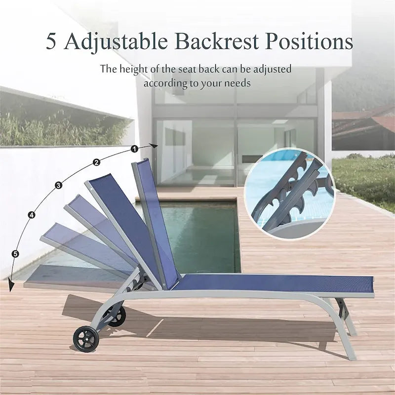 Chaise Lounge Set of 2, Lounge Chairs with Wheels, Lounge Chairs with 5 Adjustable Position, Pool Chairs(2 Lounge Chairs)