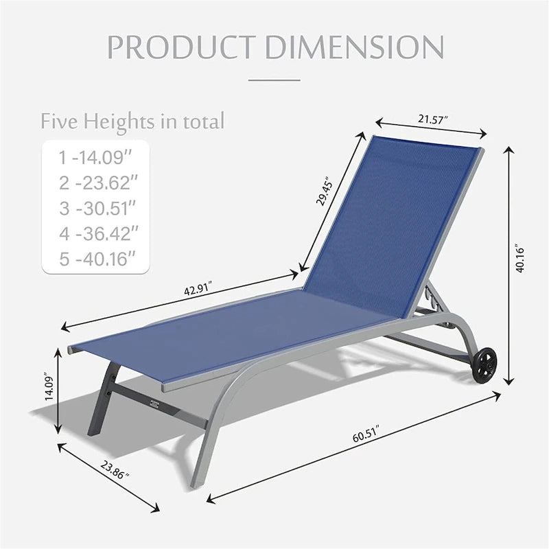 Chaise Lounge Set of 2, Lounge Chairs with Wheels, Lounge Chairs with 5 Adjustable Position, Pool Chairs(2 Lounge Chairs)