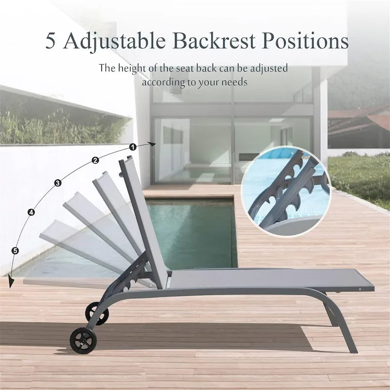 Chaise Lounge Set of 2, Lounge Chairs with Wheels, Lounge Chairs with 5 Adjustable Position, Pool Chairs(2 Lounge Chairs)