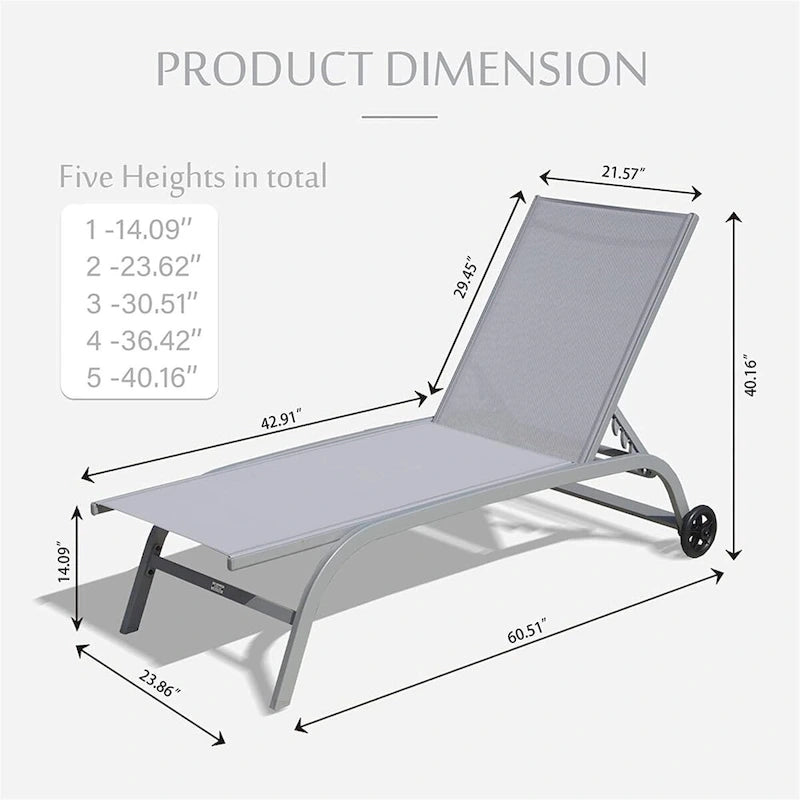 Chaise Lounge Set of 2, Lounge Chairs with Wheels, Lounge Chairs with 5 Adjustable Position, Pool Chairs(2 Lounge Chairs)