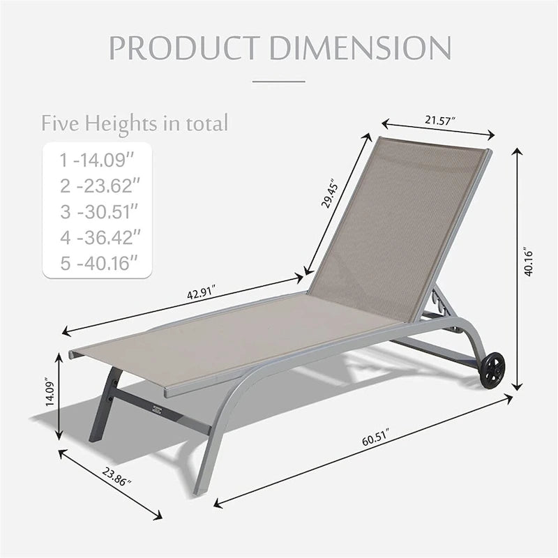 Chaise Lounge Set of 2, Lounge Chairs with Wheels, Lounge Chairs with 5 Adjustable Position, Pool Chairs(2 Lounge Chairs)