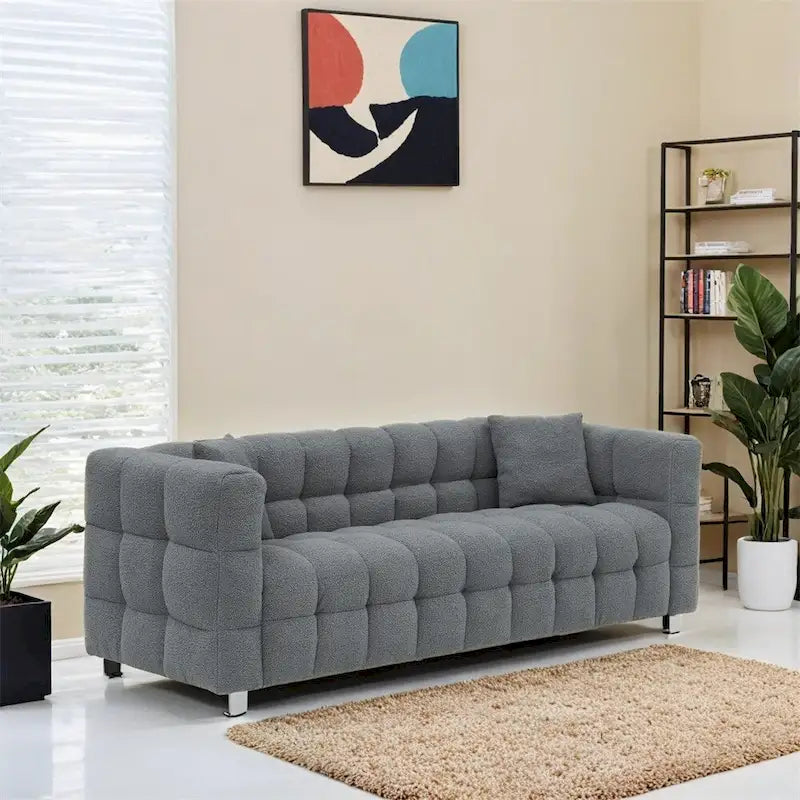 Teddy Fleece Sofa with Throw Pillows – Green / Grey / Beige / Pink, Curved Style, Seats 3