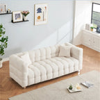 Teddy Fleece Sofa with Throw Pillows – Green / Grey / Beige / Pink, Curved Style, Seats 3