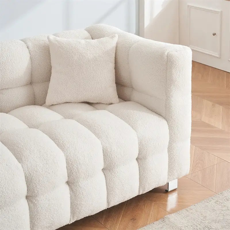 Teddy Fleece Sofa with Throw Pillows – Green / Grey / Beige / Pink, Curved Style, Seats 3